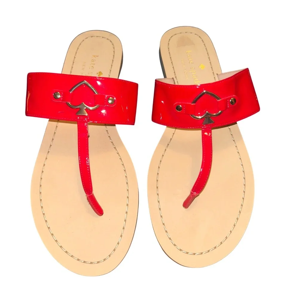 KATE Spade Red Patent Leather Thong Sandals Womens 8.5 Flat Slides NWOT